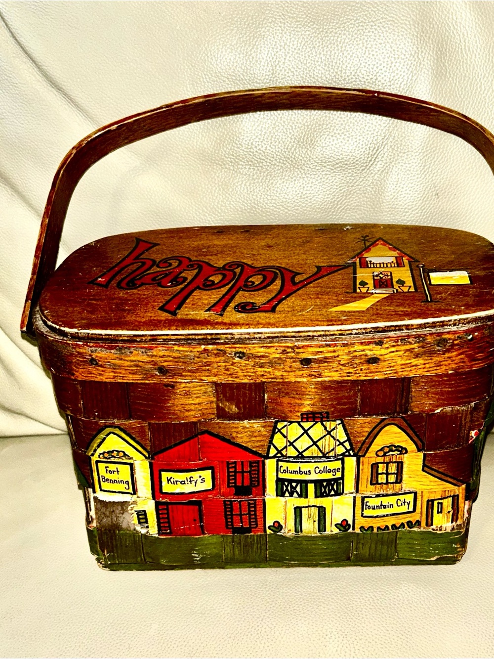 Hand-Painted Caro-Nan Wood penny Basket Tote in Brown and Red - Happy Design